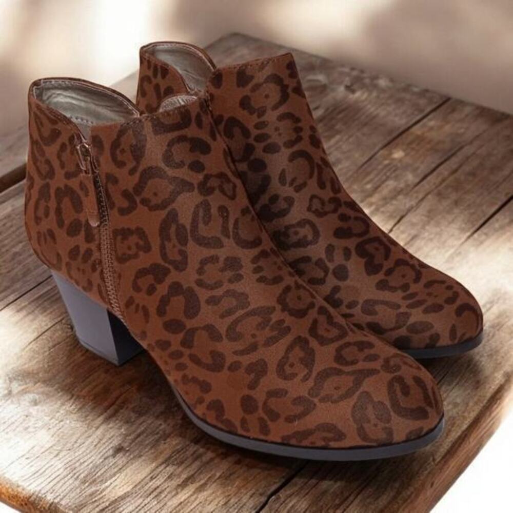 NEW Style & Co. Animal Print Boots Size 8.5 Ankle Black Brown Vegan Faux Leather